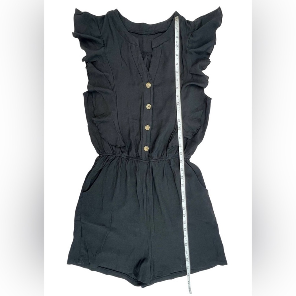 Black Romper, Ruffle Sleeve, Button Front Elastic Waist Casual Comfy Black S
